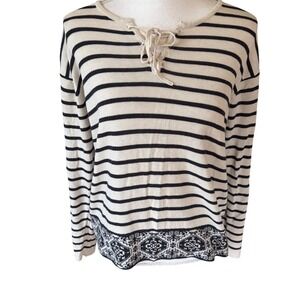 J. Jill Striped Lace Up Sweater Cream Navy Geometric Border Small Boho Indie EUC